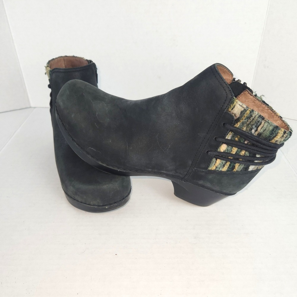 Dansko Black Nubuck Leather Wool Collar Ankle Boots Size 37 Side Zip Block Heel